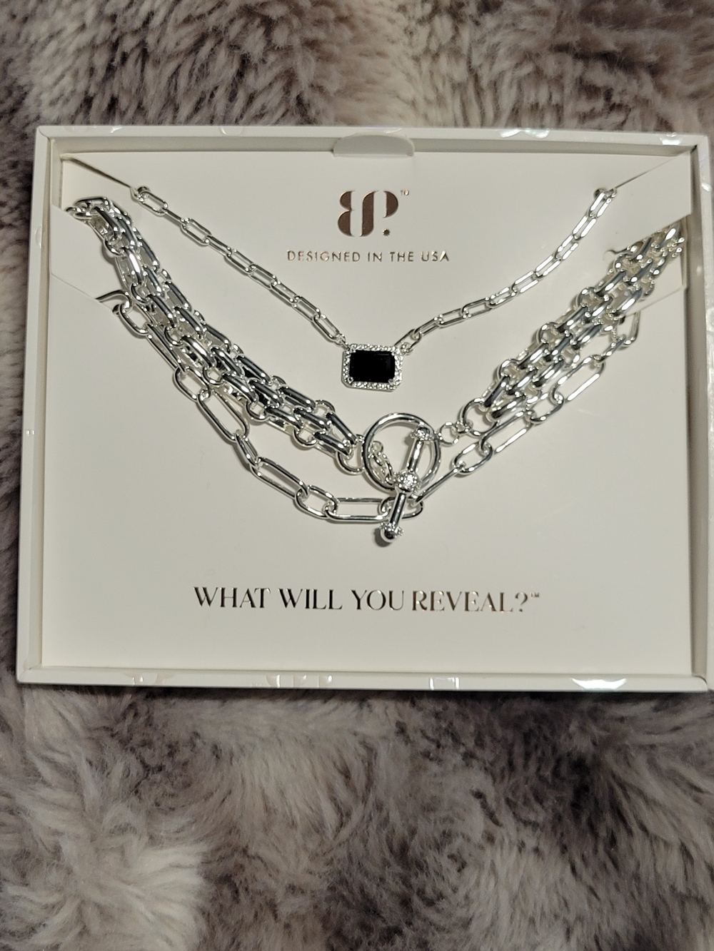 bp Silver Layered Chain Necklace Set with Black Stone Accent